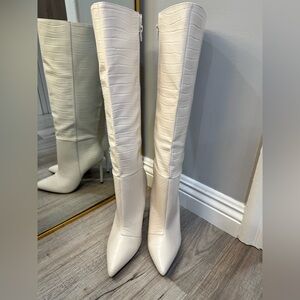Express White Croc-Embossed Knee High Stiletto Boots